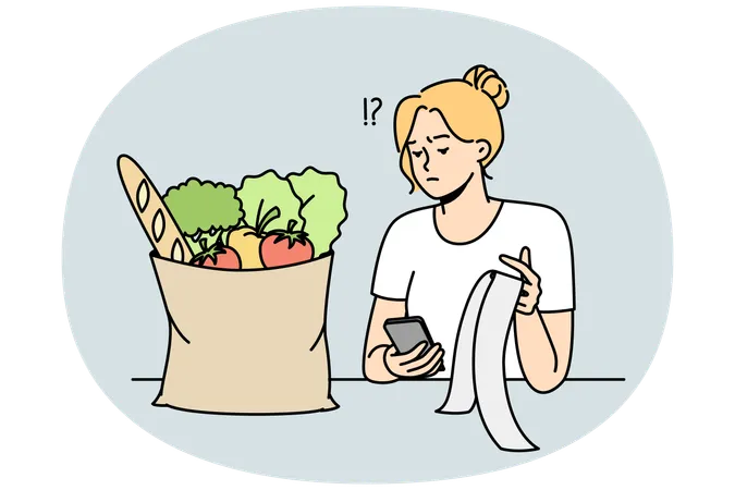 Girl checks purchase bill after supermarket shopping  Illustration