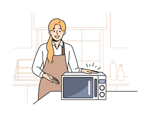 Girl chef stands in kitchen of cafe and points with hand at microwave oven  Illustration