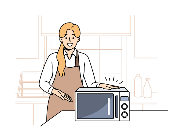 Girl chef stands in kitchen of cafe and points with hand at microwave oven  Illustration