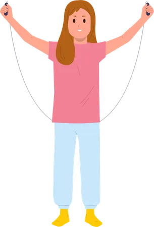 Girl child doing morning physical exercise jumping on skipping rope  Illustration