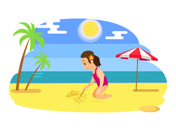 Girl Sitting And Drawing By Stick On Beach Smiling Child In Pink Swimsuit And Flower In Hear Sunny Weather Palm Tree And Parasol Summer Vacation Vector Illustration