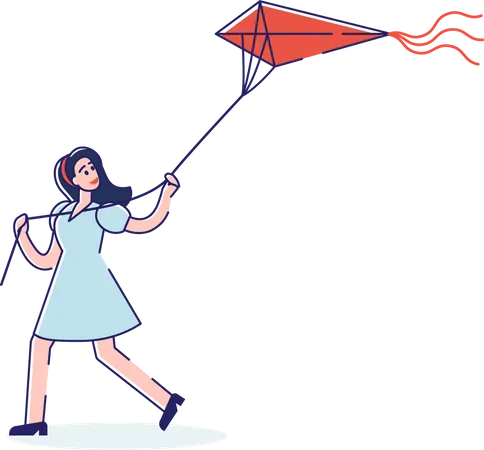 Girl child flying kite in Air Illustration