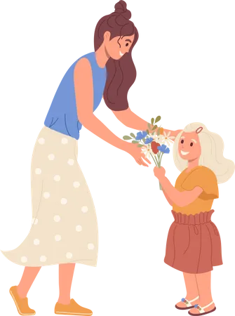 Cute Smiling Little Girl Child Giving Blossoming Flowers Bouquet To Loving Mother Or Favorite Teacher Vector Illustration Congratulation On Birthday Or International Woman Day From Children Concept Illustration