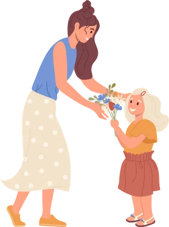 Girl child giving flowers bouquet to loving mother  Illustration