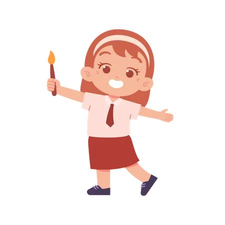 Girl Child Holding Paint Brush In Right Hand  イラスト
