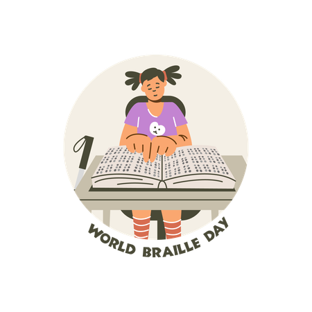 Girl child reading book using Braille alphabet  Illustration