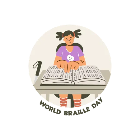 Girl child reading book using Braille alphabet  Illustration