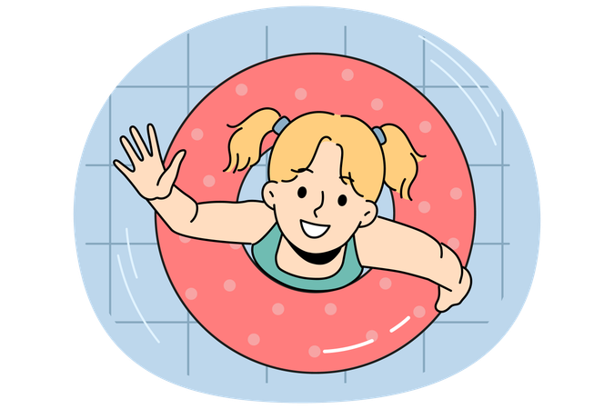Girl child swim in lifebuoy  Illustration