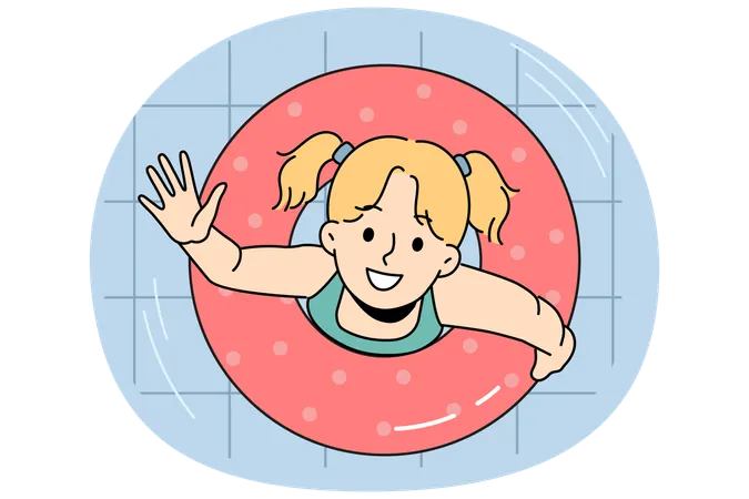 Girl child swim in lifebuoy  Illustration