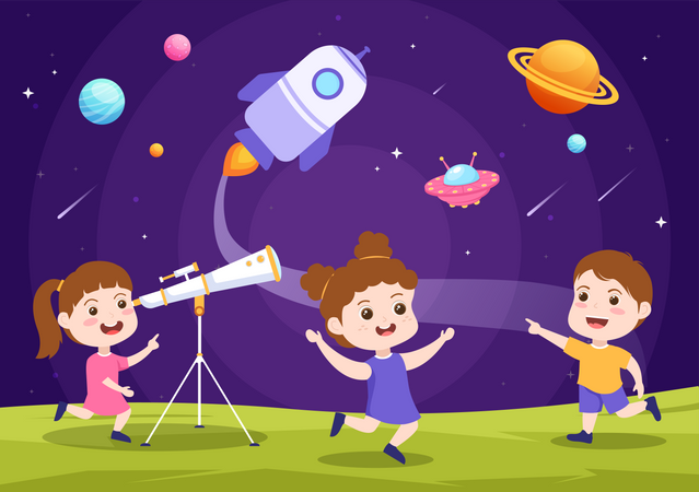 Girl Child With Telescope  Illustration