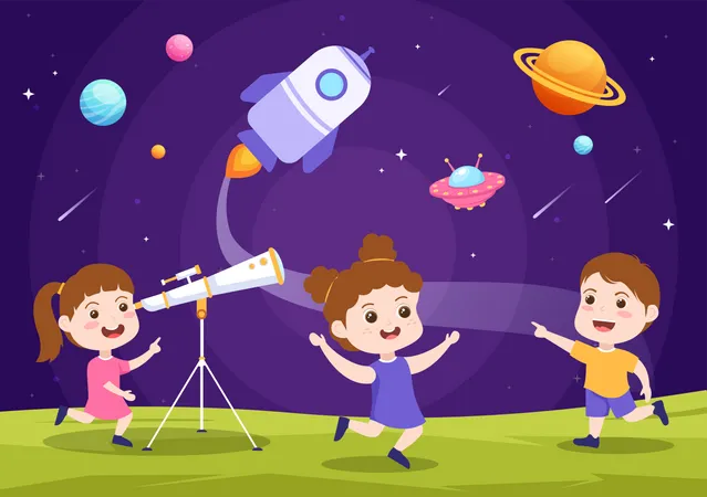 Astronomy Cartoon Illustration With Cute Kids Watching Night Starry Sky Galaxy And Planets In Outer Space Through Telescope In Flat Hand Drawn Style 일러스트레이션