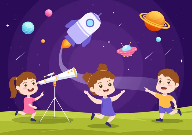 Girl Child With Telescope  Illustration