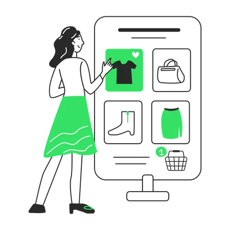 Girl chooses clothes on the display  Illustration