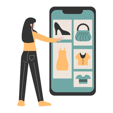Girl chooses online shopping via mobile phone  Illustration