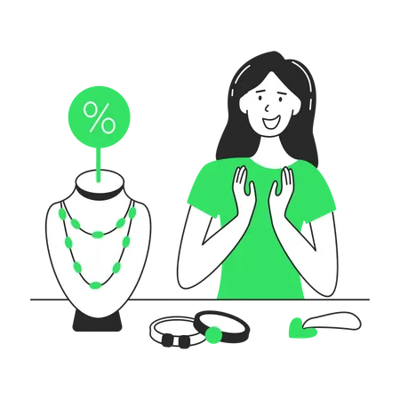 Girl chooses precious jewelry in a store  Illustration