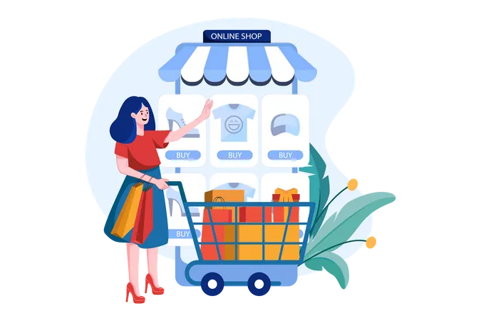 Girl choosing cloth in a mobile online shop  Illustration