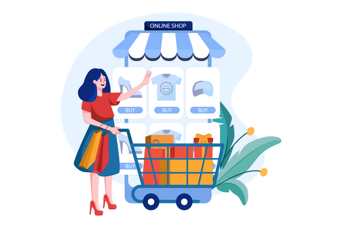 Girl choosing cloth in a mobile online shop  Illustration