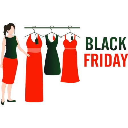 Girl choosing clothes on black friday  Illustration