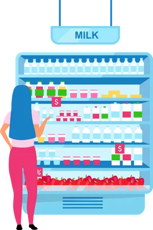 Girl choosing milk in grocery store  Illustration