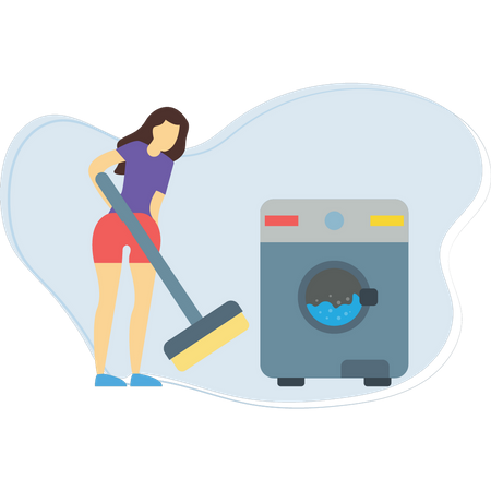 Girl cleaning floor and washing the clothes Illustration