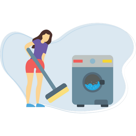 Girl cleaning floor and washing the clothes  Illustration