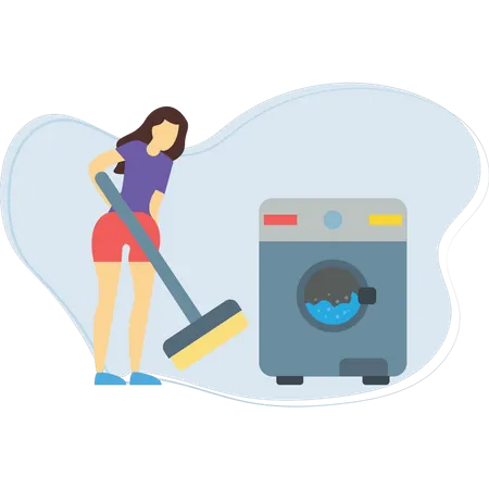 Girl cleaning floor and washing the clothes  Illustration