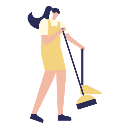 Girl Cleaning floor using dust pan and broom  Illustration