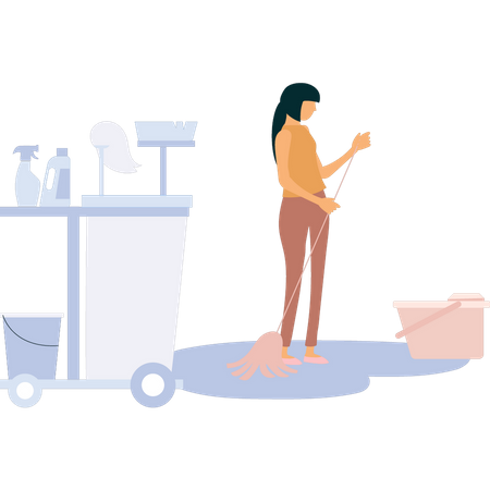 Girl cleaning floor with mop  Illustration