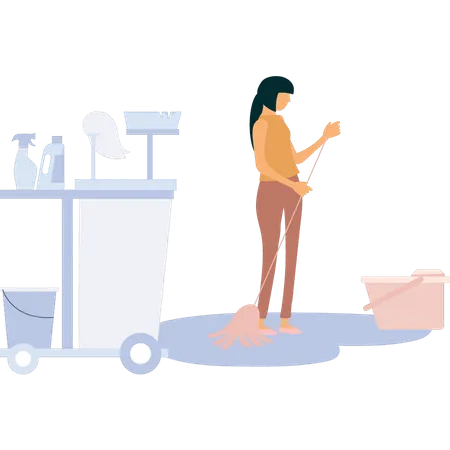 The Girl Is Cleaning The Floor With A Mop Illustration
