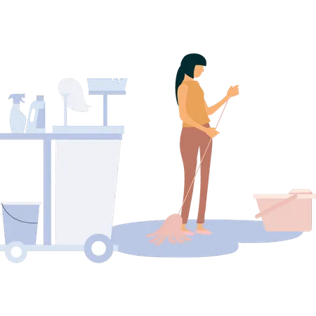 Girl cleaning floor with mop  Illustration