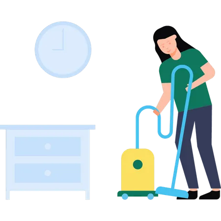 Girl cleaning floor with vacuum machine  Illustration