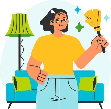 Girl cleaning living room  イラスト