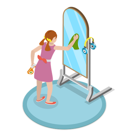 Girl cleaning mirror  Illustration