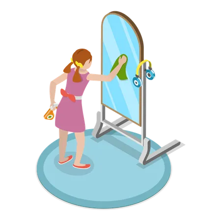 Girl cleaning mirror  Illustration