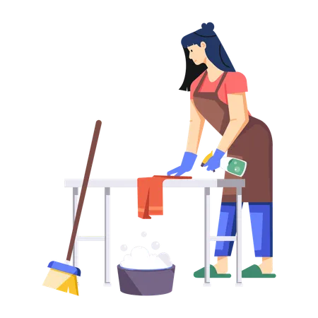 Girl Cleaning Table using spray bottle  Illustration