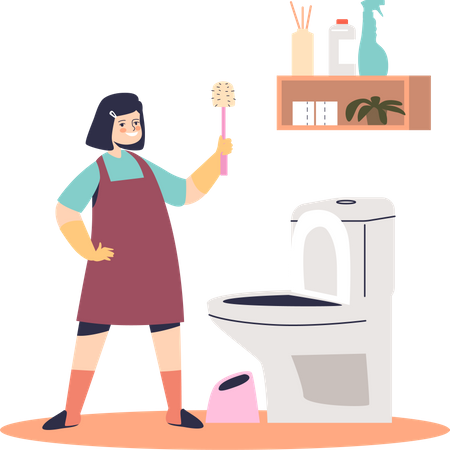 Girl cleaning toilet Illustration