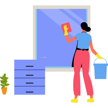 The Girl Is Cleaning The Window Illustration