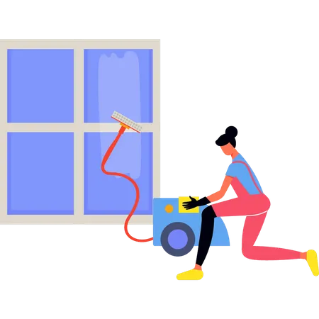 Girl cleaning window with vacuum cleaner  Illustration