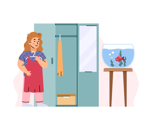 Girl cleans room and hangs clothes  Illustration