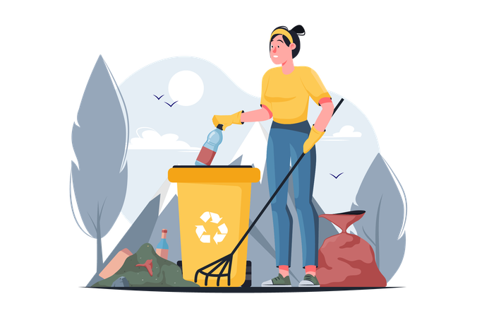 Girl cleans up garbage in the yard to save the environment  Illustration