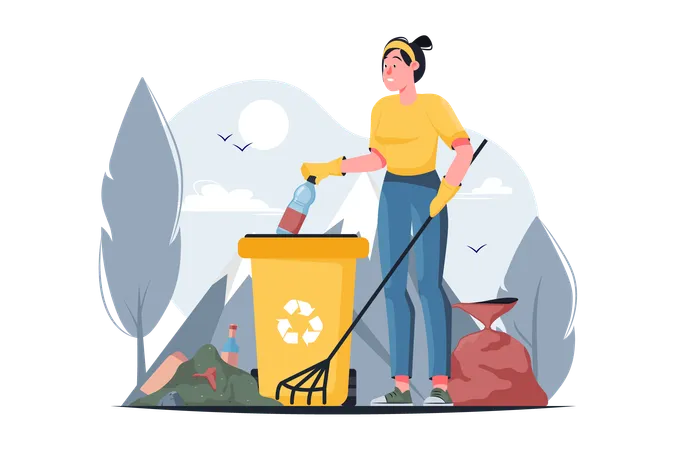 Girl cleans up garbage in the yard to save the environment  Illustration