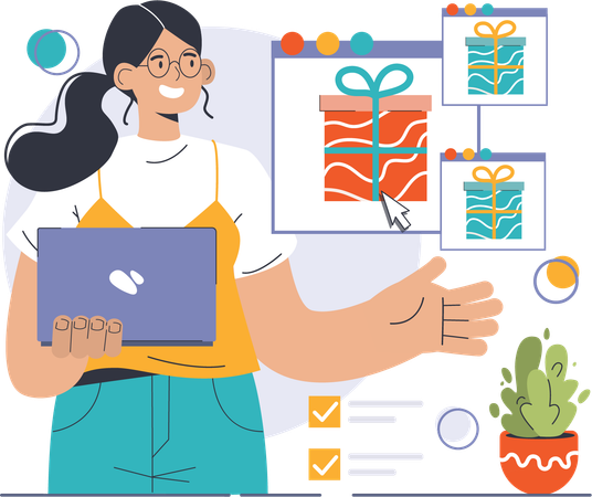 Girl click on gift for Product competitive advantages  イラスト