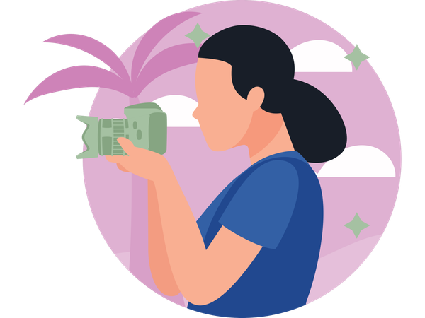 Girl clicking photos while travelling  Illustration