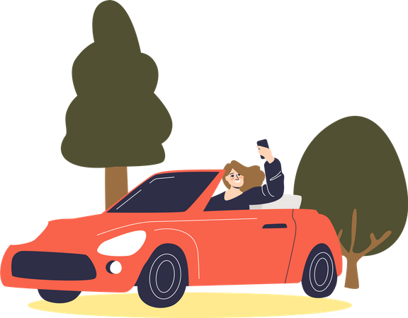 Girl clicking selfie while driving car on road Illustration