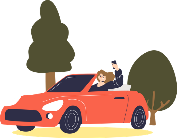 Girl clicking selfie while driving car on road  Illustration