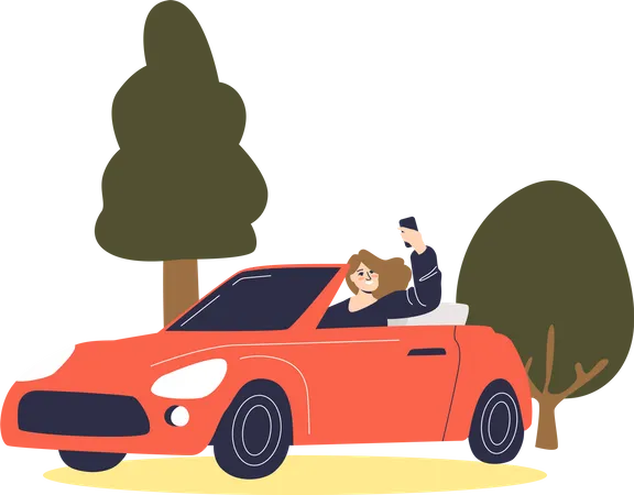 Girl clicking selfie while driving car on road  Illustration