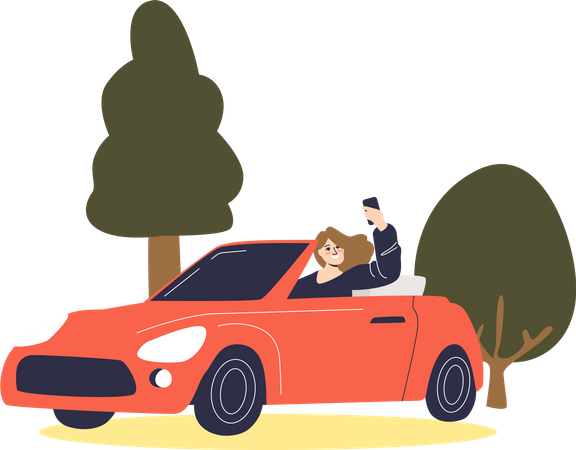 Girl clicking selfie while driving car on road  Illustration