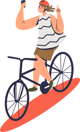 Girl clicking selfie while riding bicycle  Illustration