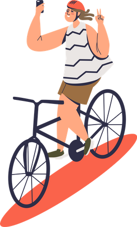 Girl clicking selfie while riding bicycle  Illustration