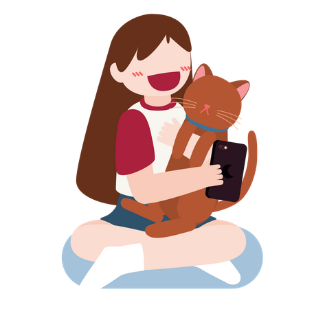 Girl clicking selfie with pet cat Illustration